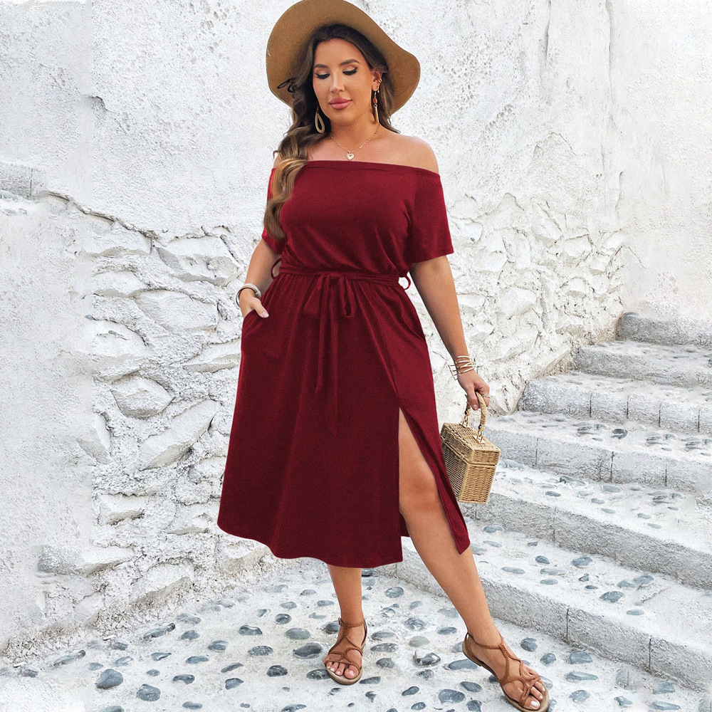 Plus Size Womens Vacation Style Red Dress Summer One Neck Beach Midi Skirt