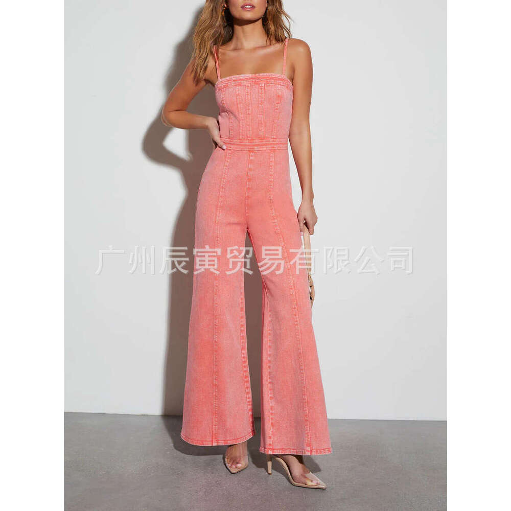Instagram New Women Summer jumpsuit Cotton denim washed suspender slim fit high elastic micro flare pants