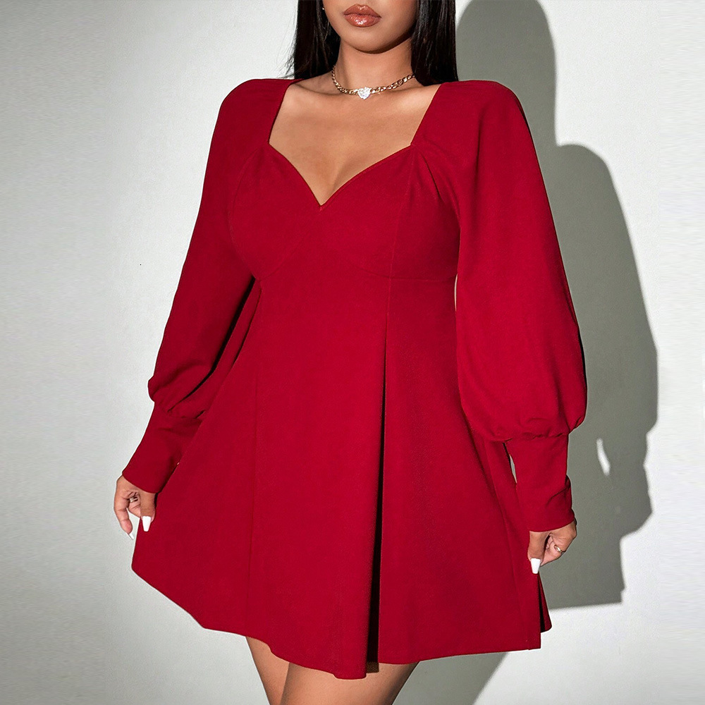 Large Size Womens Clothing High-end and Elegant Wine Red Dress Autumn and Winter New High Waisted V-neck Short Skirt