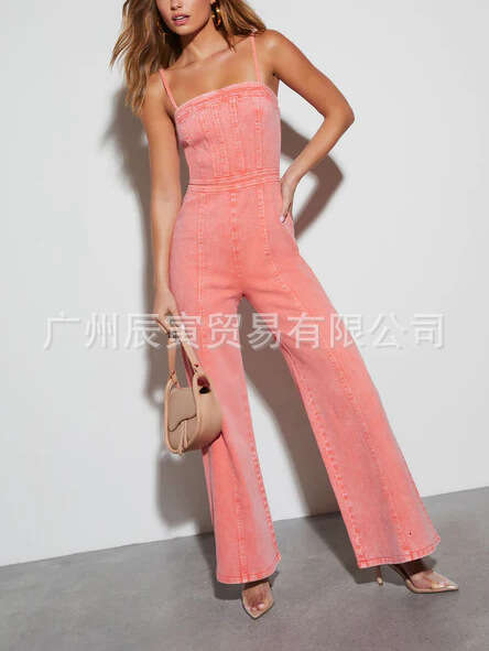 Instagram New Women Summer jumpsuit Cotton denim washed suspender slim fit high elastic micro flare pants