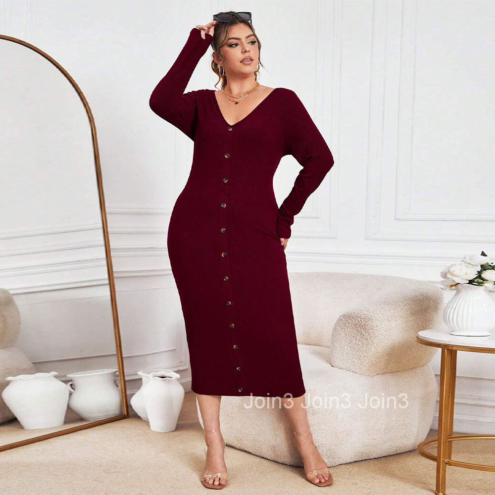 Large Size Womens Autumn and Winter New Slim Fit Bag Hip Knitted Skirt Sexy V-neck Long Dress
