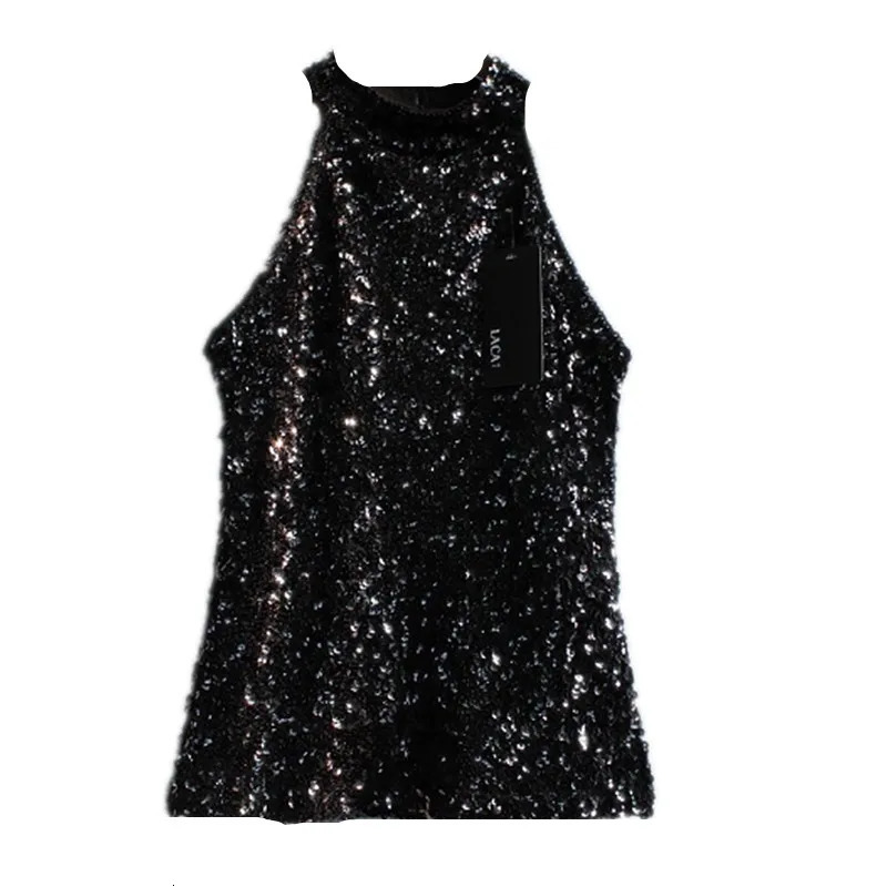 Sequin Fashion Shimmer Flashy Embellished High Quality Halter Neck Sleeveless Vest Sexy Tank Top Clubwear Stage Perform 250506