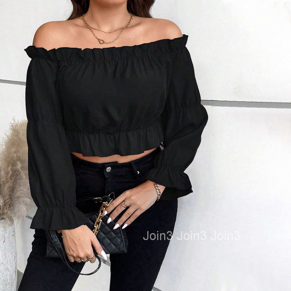 Large Size Womens Elegant Queen Style T-shirt Autumn and Winter One Neck Bubble Sleeve Strapless Top