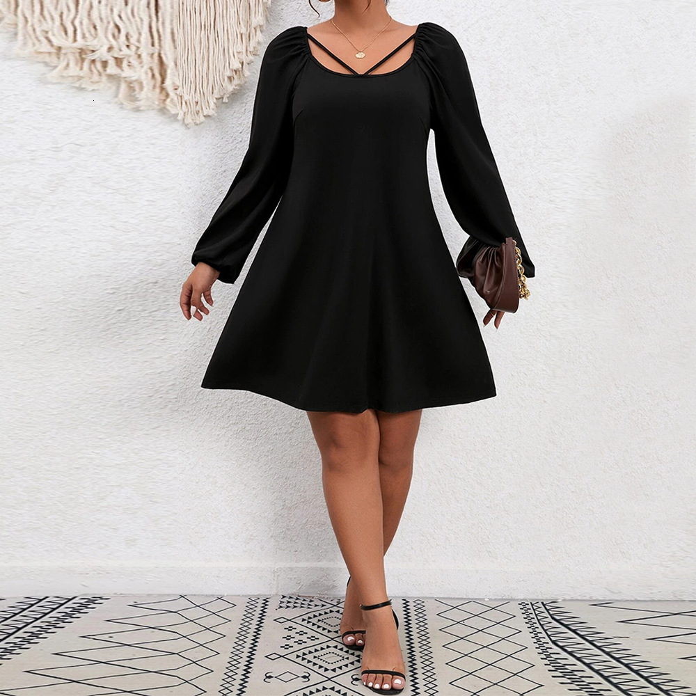 Large Size Womens Autumn and Winter New Collection Waist Cinched A-line Skirt with Bubble Sleeves and Square Collar Temperament Dress