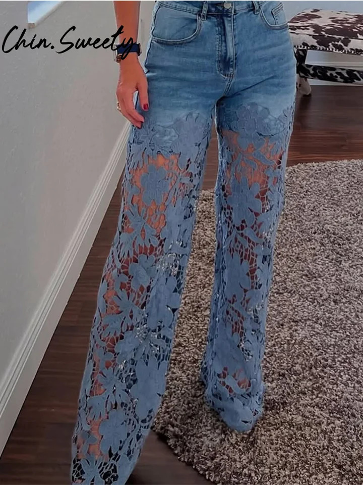 Urban crochet denim womens pants Elegan hollow zipper pocket button Trouser 2025 summer fashion streetwear 250506