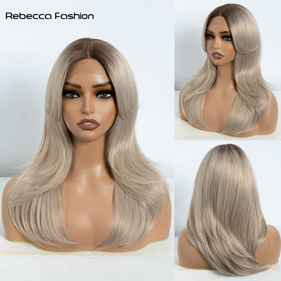 Rebecca Fashion Synthetic Straight Ombre Blonde 20 Inch Brown Lace Front Wig For Women Heat Resistant Wig Cosplay Wigs