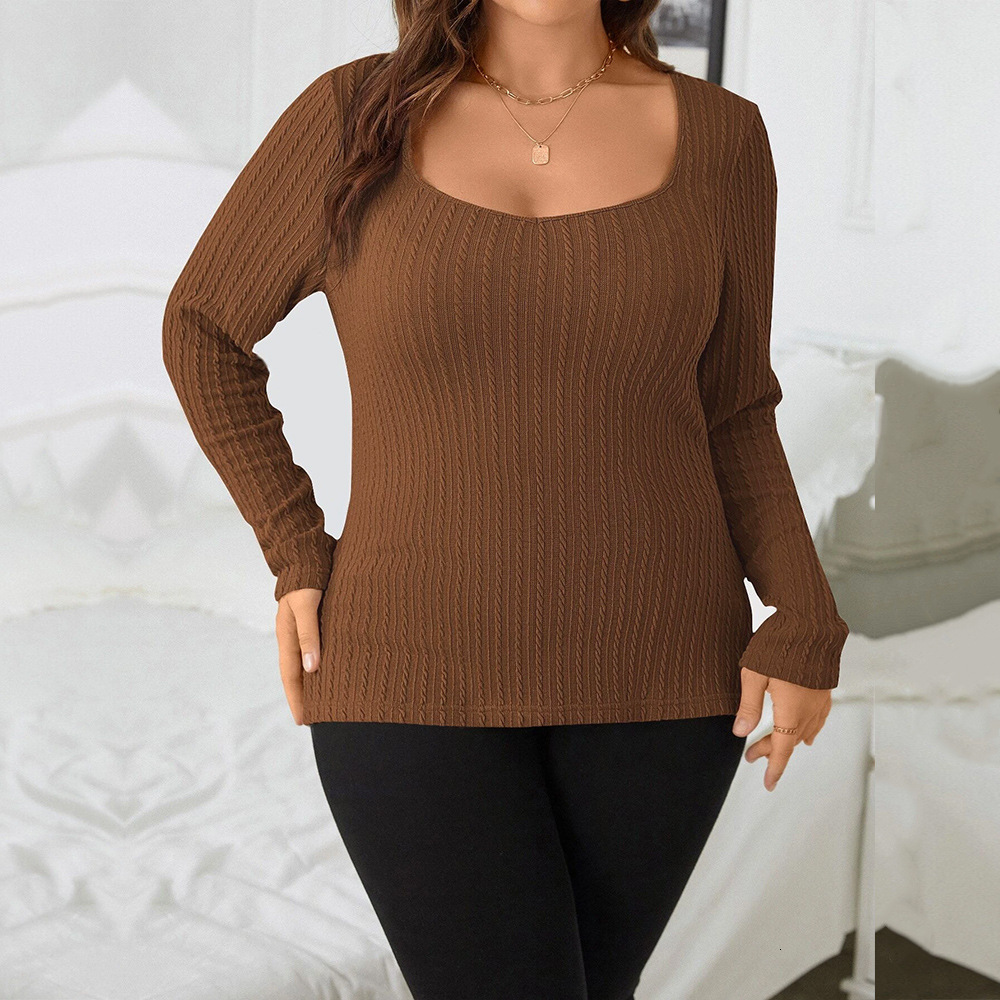 Large Size Womens New Slim Fit and Slimming Huafu Grid Chicken Heart Collar Knitted Long Sleeved T-shirt