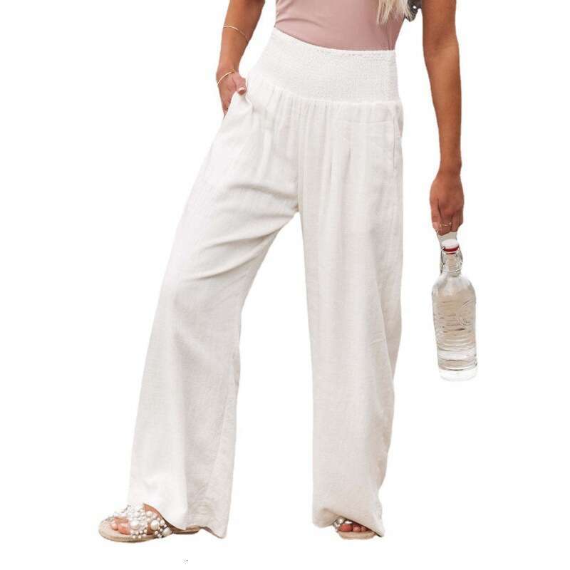 2025 Spring/summer Cotton and Hemp Large Size Womens Wide Leg Elastic Waist Casual Long Pants Versatile Long Ventilation Solid New Product New Arrival
