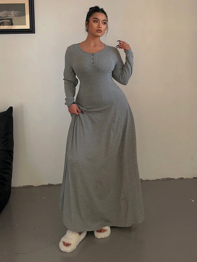 Plus size Solid colour Knitted Elegant Waist Slim A-line Draped dress long womens polyester 2025 Summer 250515