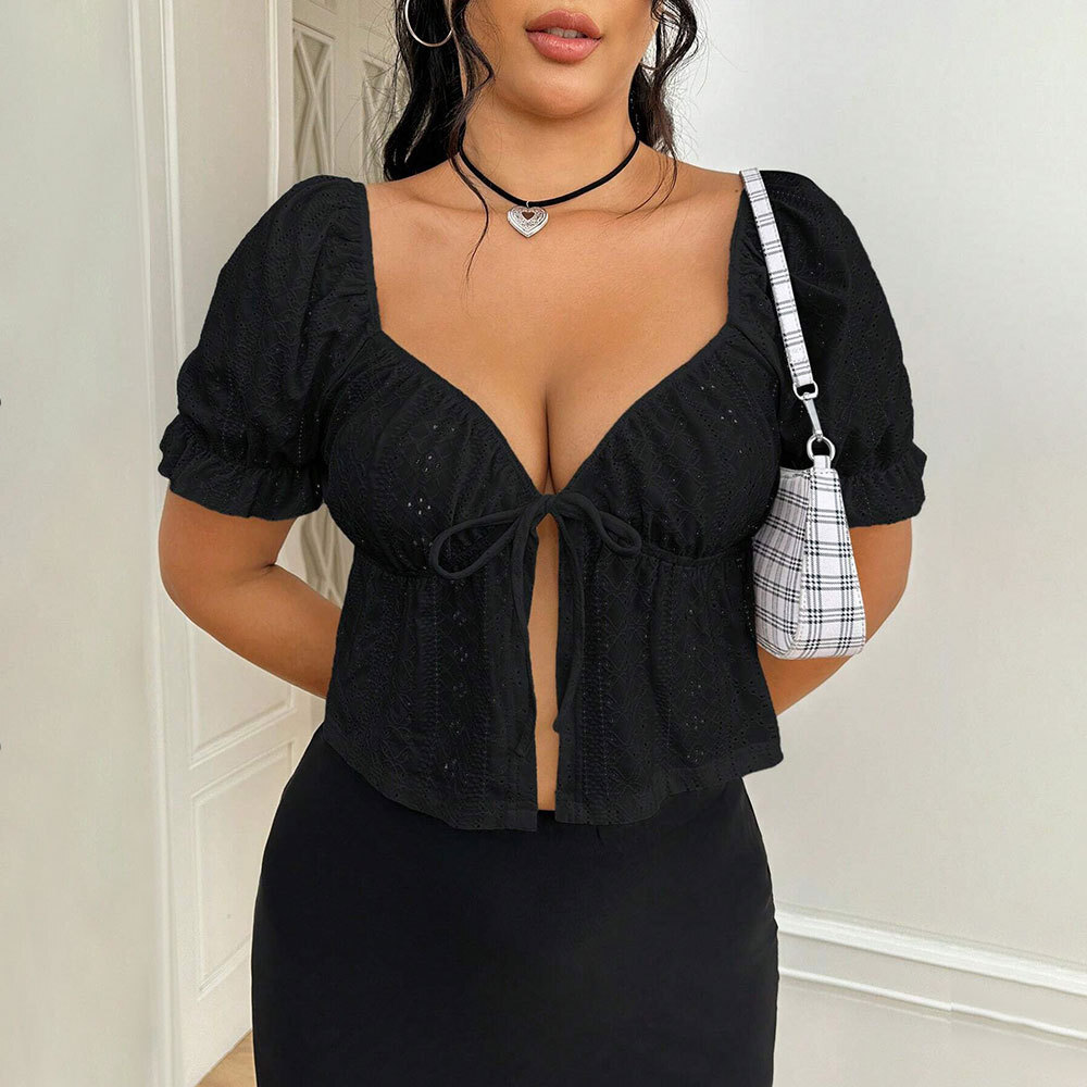 2025 Summer New V-neck Solid Color Drawstring Pleated Short Sleeved Loose T-shirt for Women