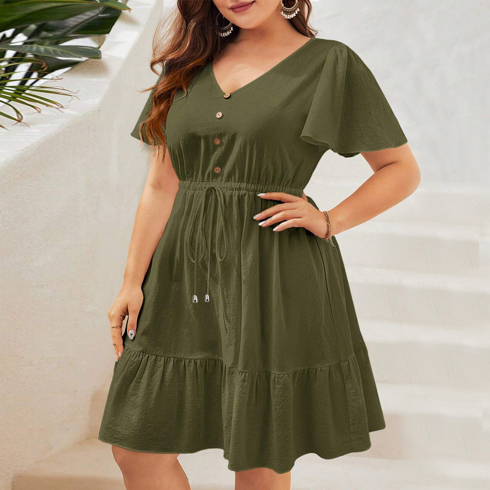 Summer Large Womens Style Short Sleeve Waist Strap Holiday Dress