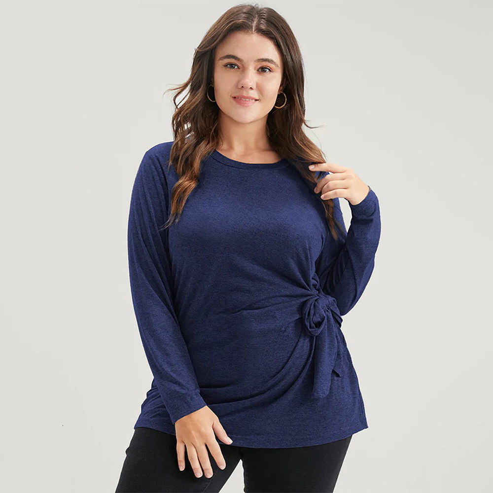 Large Size Womens Simple and Elegant T-shirt for Autumn and Winter Slim Fit Pleated Twisted and Slimming Top