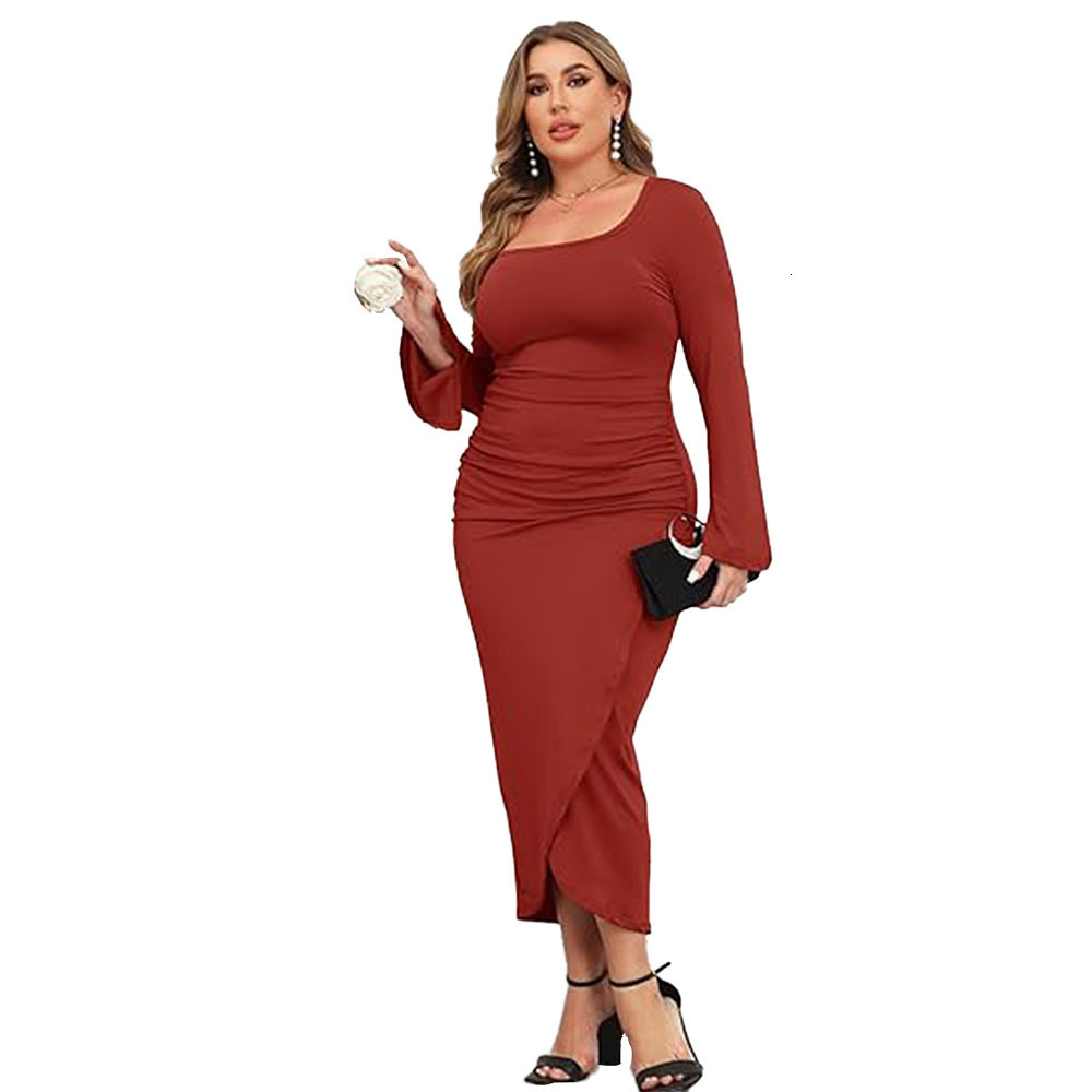 Large Size Womens Elegant Dress Autumn and Winter Square Neck Slim Evening Dress Hip Hugging Long Dress