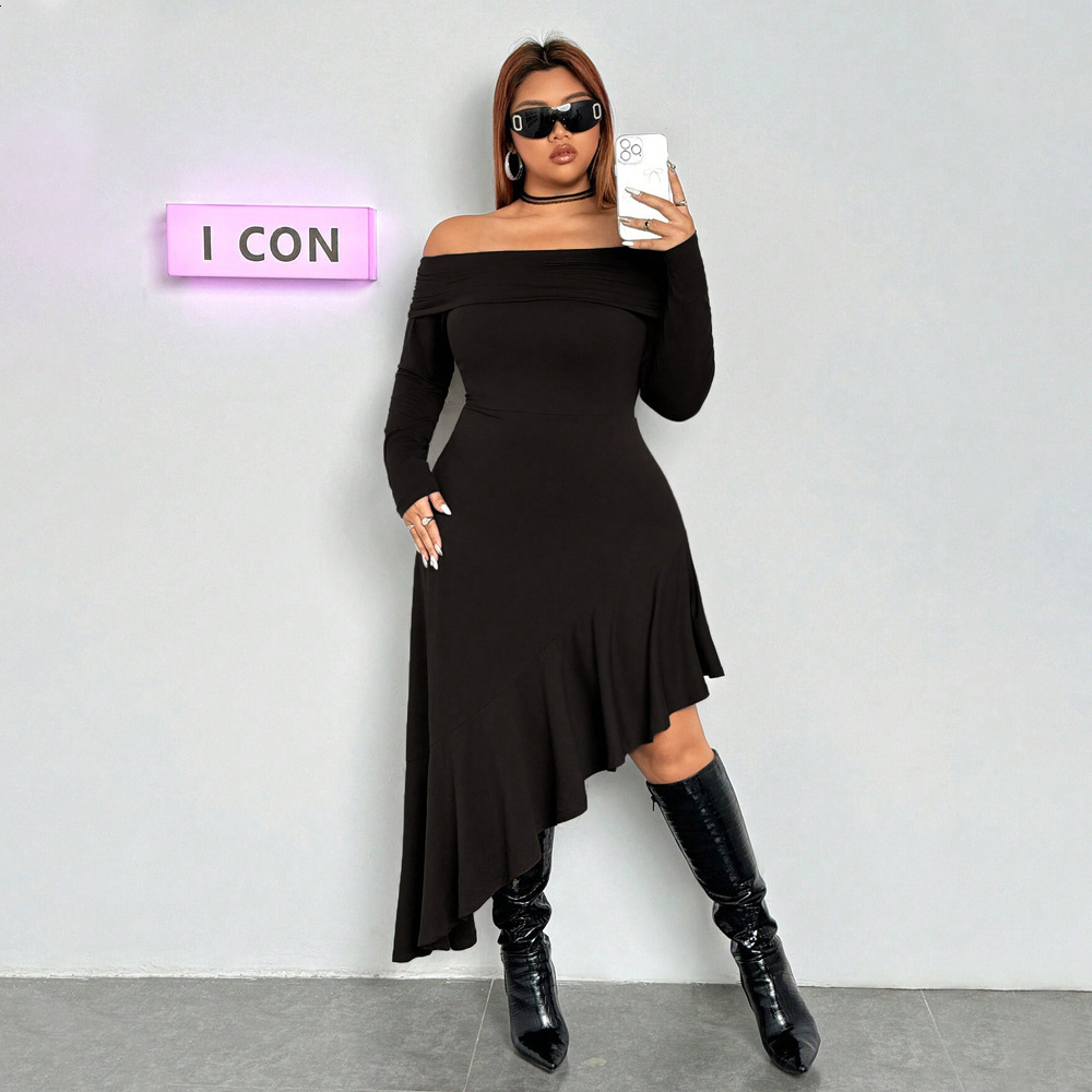 Plus Size Womens Elegant Dress Autumn and Winter One Neck Black Fungus Edge Mid Length Skirt