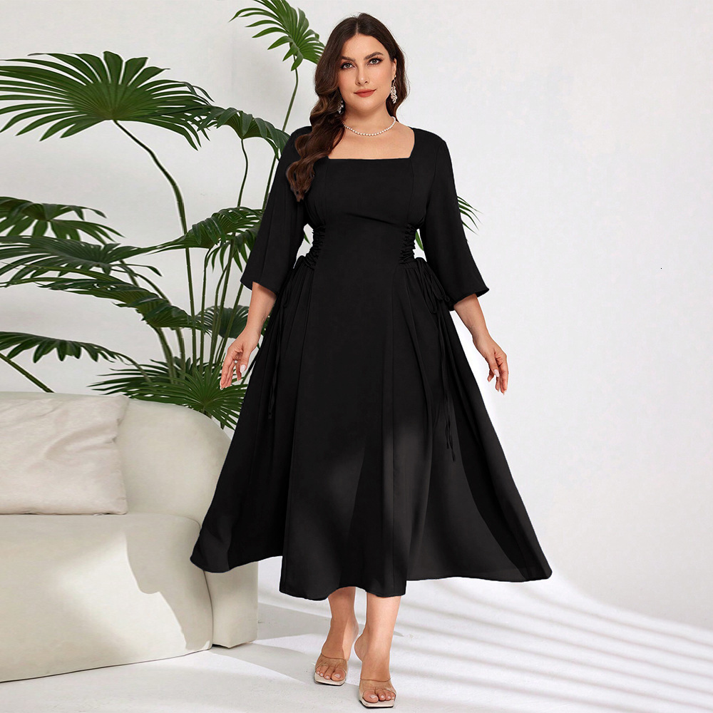 Plus Size Womens Elegant Style Square Neck Dress Autumn and Winter High-end Sense Age Reducing Design Sense Mid Length Skirt