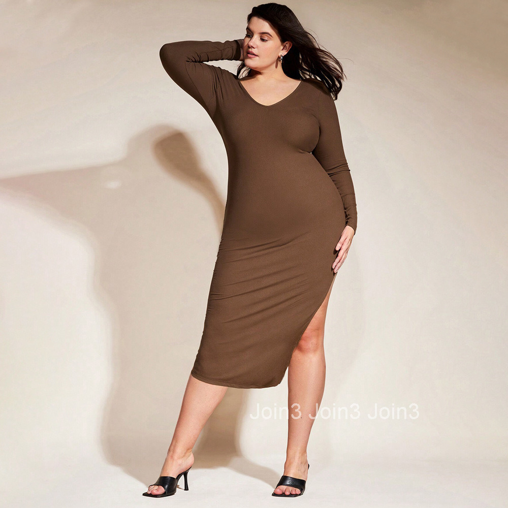 Plus Size Womens Simple Casual Style Dress Autumn and Winter Slim Fit Hip Hugging Mid Length Skirt