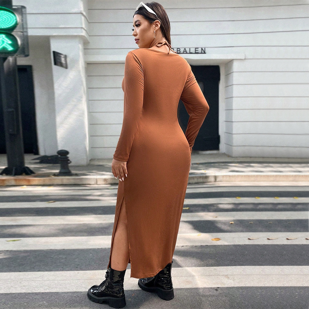 Large Size Womens Neck Hanging V-neck Long Sleeved Slim Fit Hip Hugging Mid Length Skirt Sexy Slit Dress
