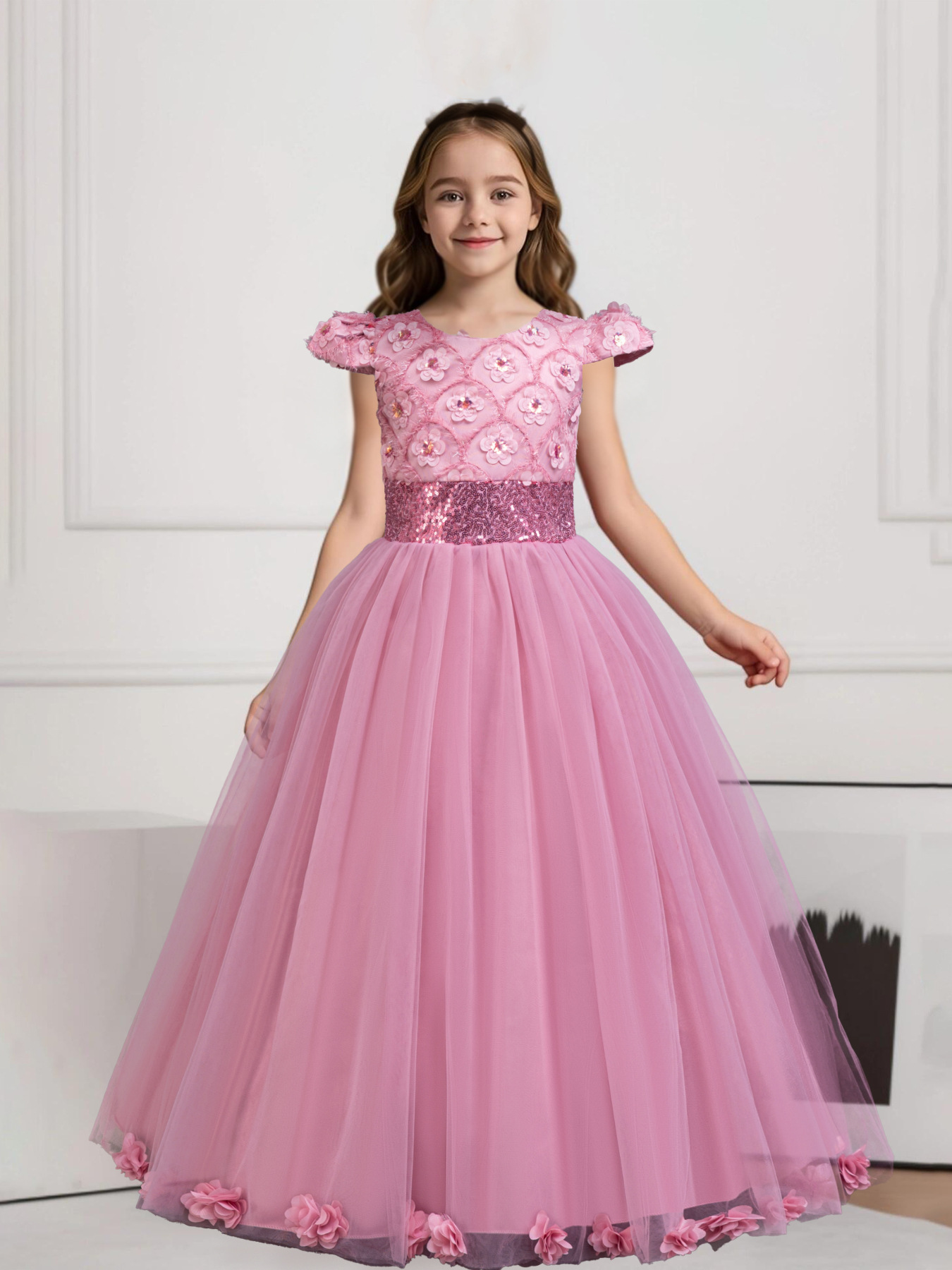 Girl Party Dress New Elegant 3D Flower Mesh Long Wedding Bridesmaid Dress 3-12Y Sequin Graduation Ball Evening Dresses Christmas performance host spee