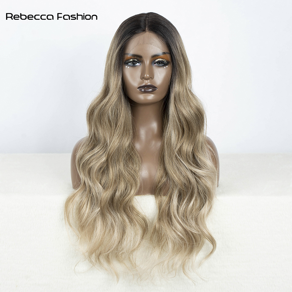 Rebecca Fashion Body Wavy Synthetic Front Wigs For Black Women 30 inch Ombre Brown Higlight Lace With Baby Hair Cosplay Wig