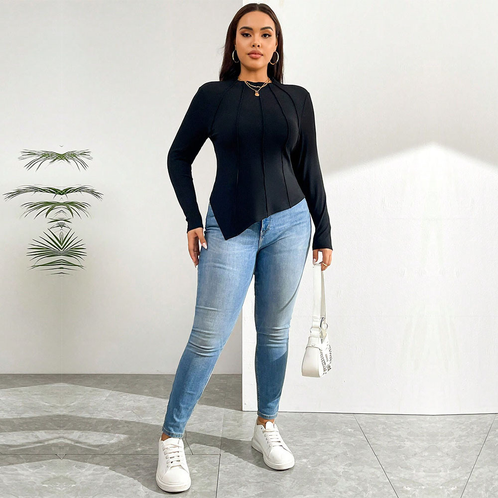 Plus Size Womens Autumn and Winter New Collection Simple and Trendy Design T-shirt Slim Fit Long Sleeved Top