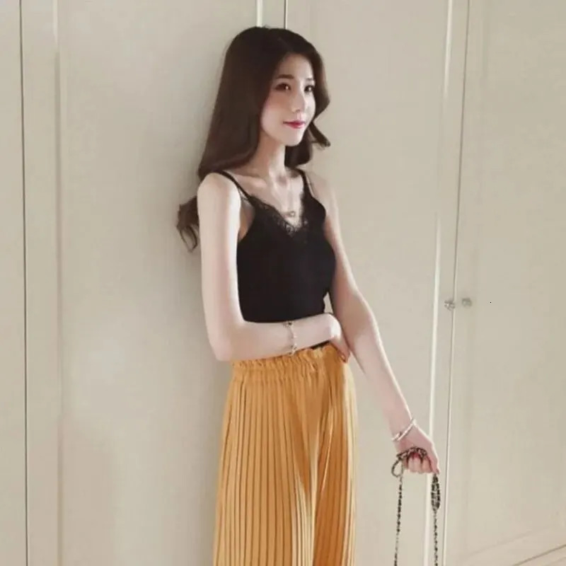 1Pc Womens Vest Lace Top Vneck Solid Knit Tank Ladies Sleeveless Fashion Patchwork Slim Sexy Suspenders Summer 250506