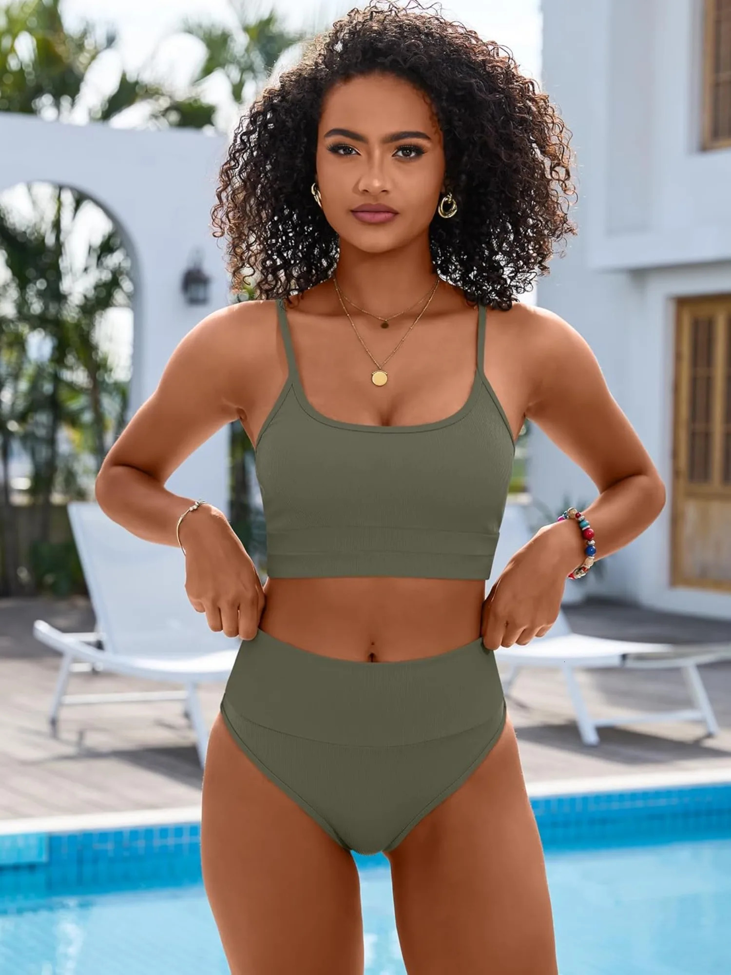 Bikini Sets for Women 2 Piece High Waisted Tummy Control Color Block Summer Beach Swimsuit Ribbed Swim Bathing Suit 250515