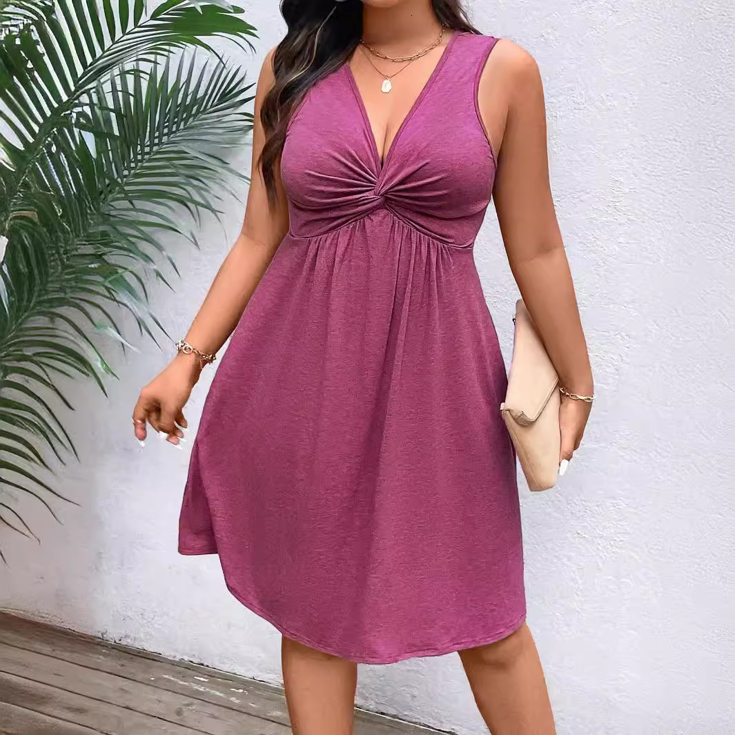 Plus Size Womens V-neck Sleeveless Red Dress Summer Casual Waist Cinched A-line Mid Length Skirt