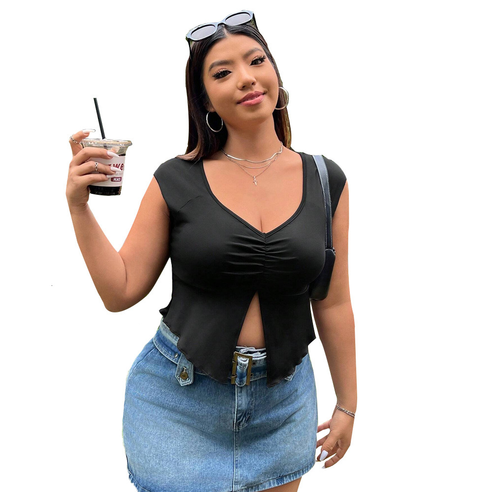 Large Size Womens Sexy Low Cut T-shirt Summer New Knitted Sleeveless Top