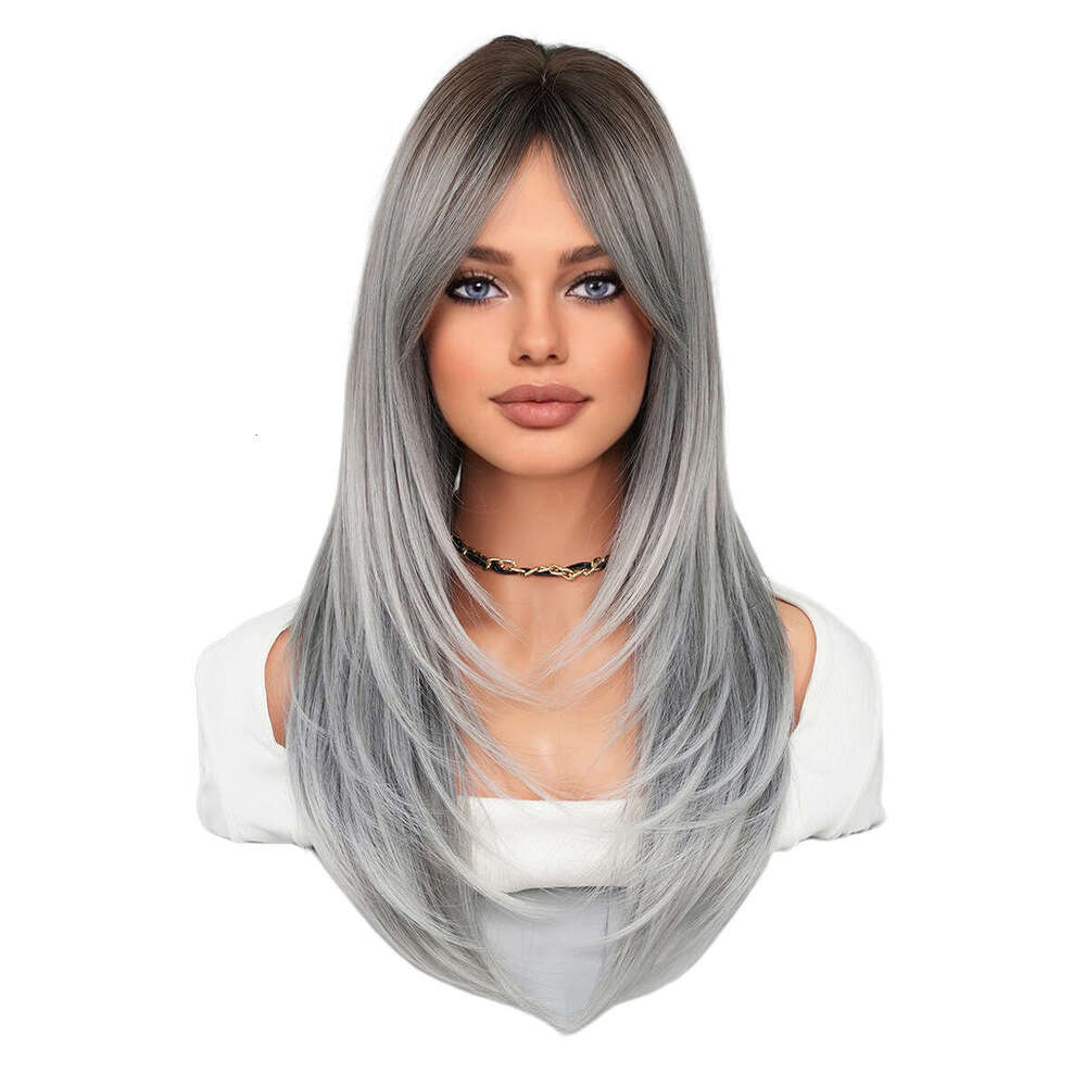 Women's Octagonal bangs wig, gradient long straight hair, full head set, high-quality natural layered wig