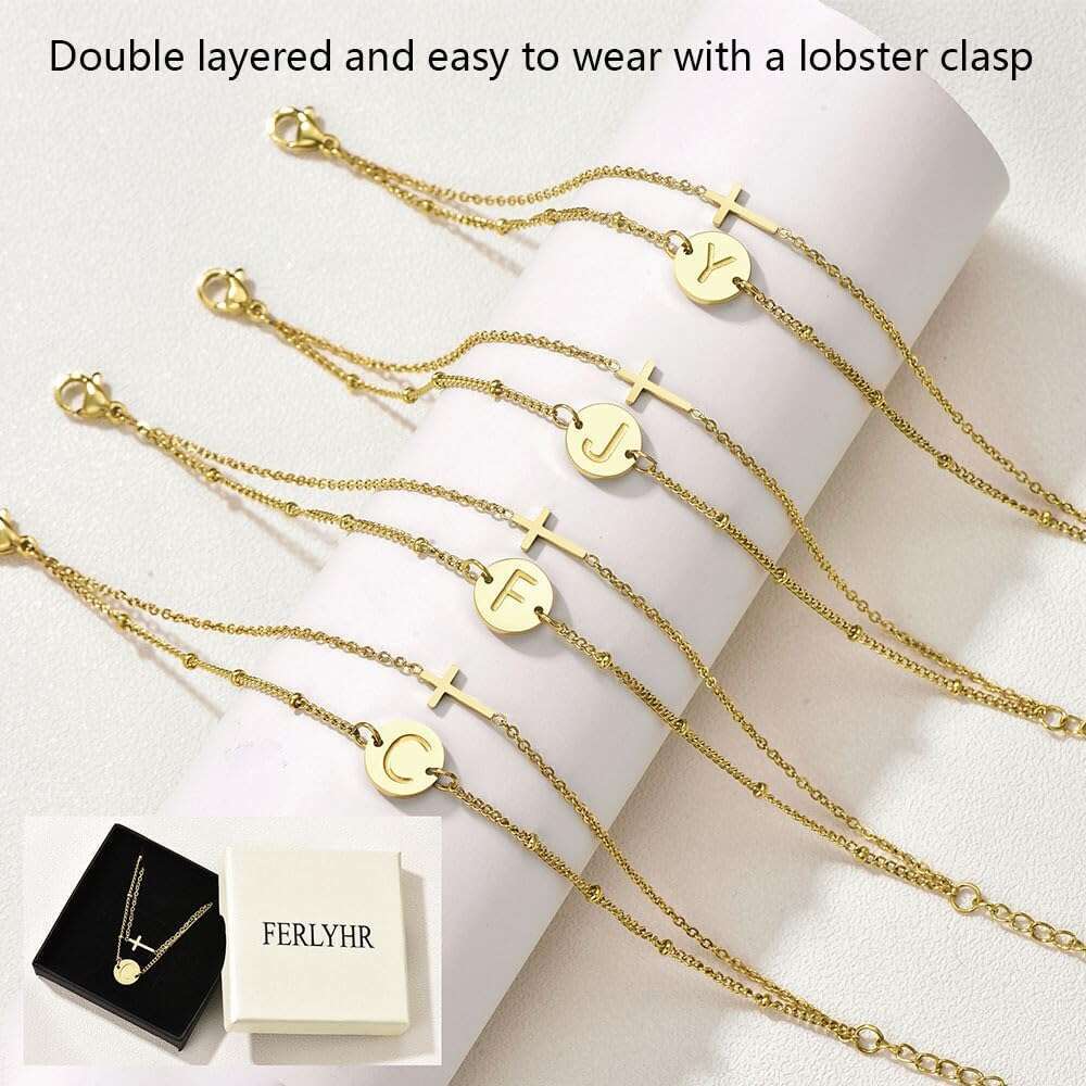 Valentine's Day Exquisite Gold Plated Layered Beaded Initial Plate Letter Faith Cross Bracelet Christian Women's Religious Jewelry Gift