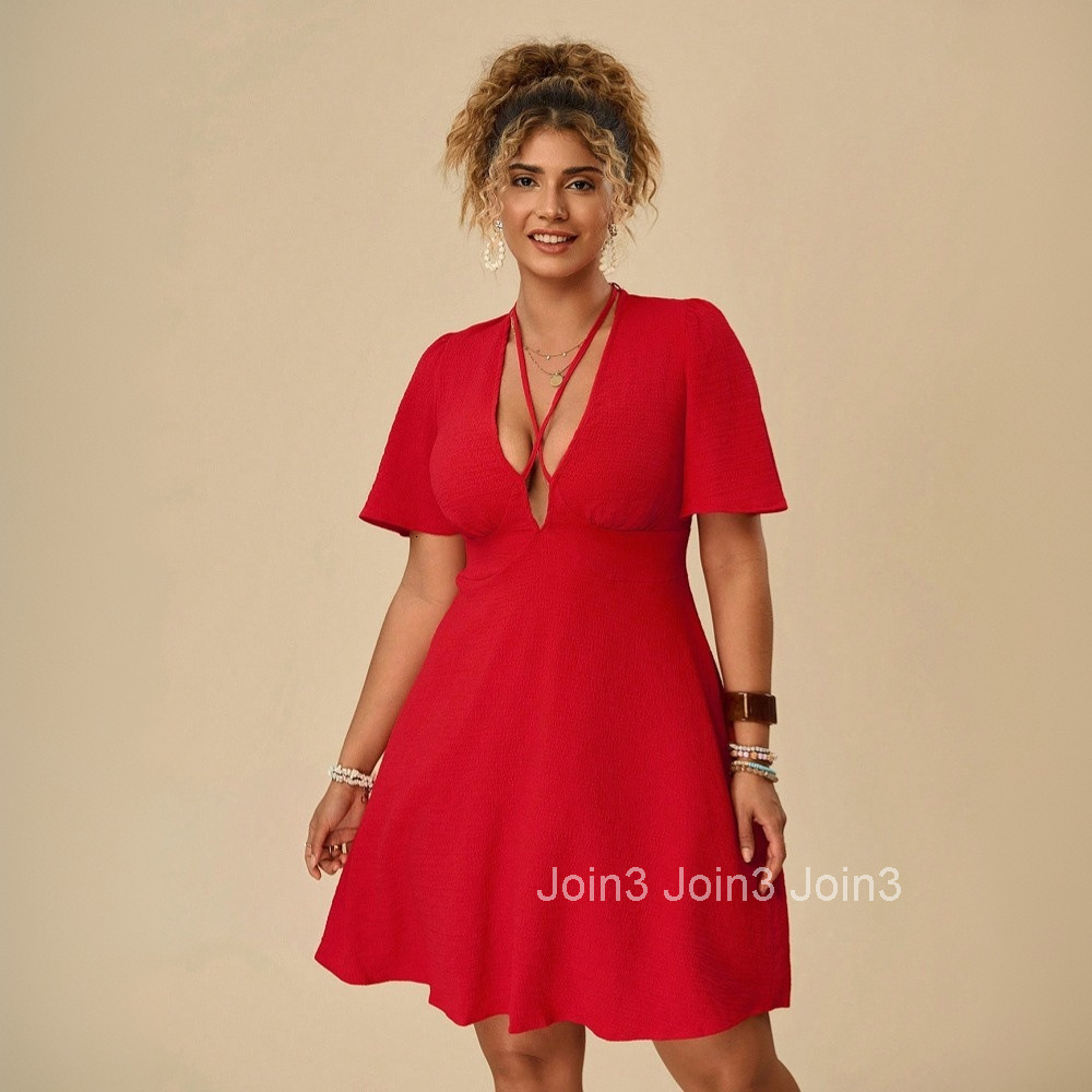 Large Size Womens Clothing 2025 Summer New Sexy V-neck Dress Red Slim Fit Short Skirt