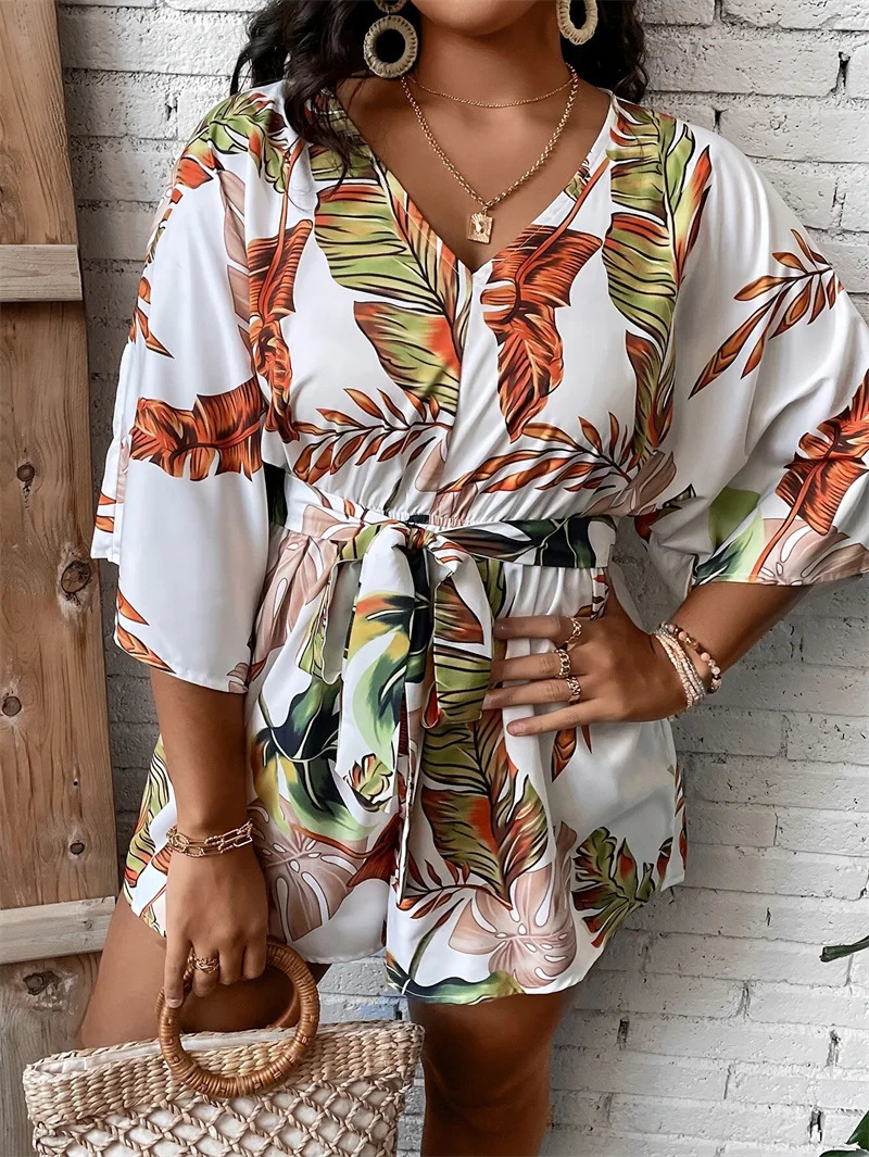 GIBSIE Plus Size Tropical Print Belted Jumpsuit Romper Women Summer V-Neck 34 Sleeve Beach Vacation Playsuit Womens Rompers 250515