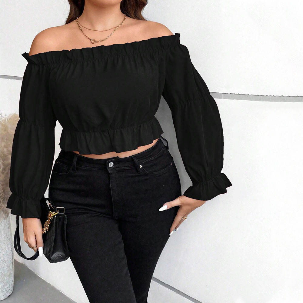 Large Size Womens Elegant Queen Style T-shirt Autumn and Winter One Neck Bubble Sleeve Strapless Top