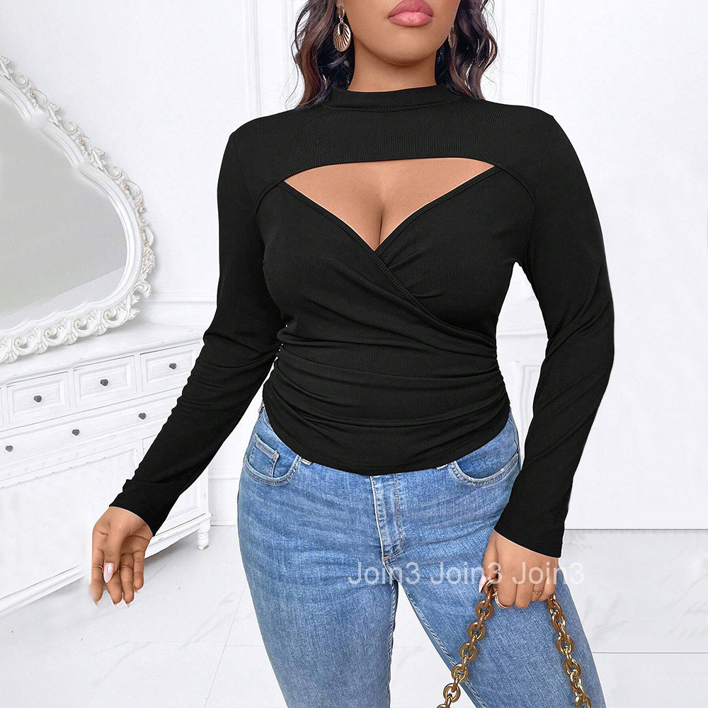 Large Size Womens Deep V-neck Sexy T-shirt for Autumn and Winter New Collection Pleated Slim Fit and Slimming Inner Long Sleeved Top