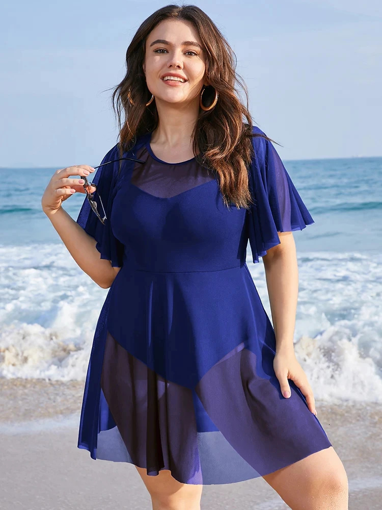 Plus Size Womens Swimwear Solid Mesh Patchwork Ruffle Sleeve Swim Dress One Piece Chubby Swimsuit Cover Up Beach Bathing Suit 250515