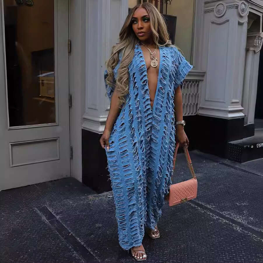 Wide Leg Jumpsuit Women S Loose Denim Women S Sexy Deep V Hole Wide Leg Jumpsuit