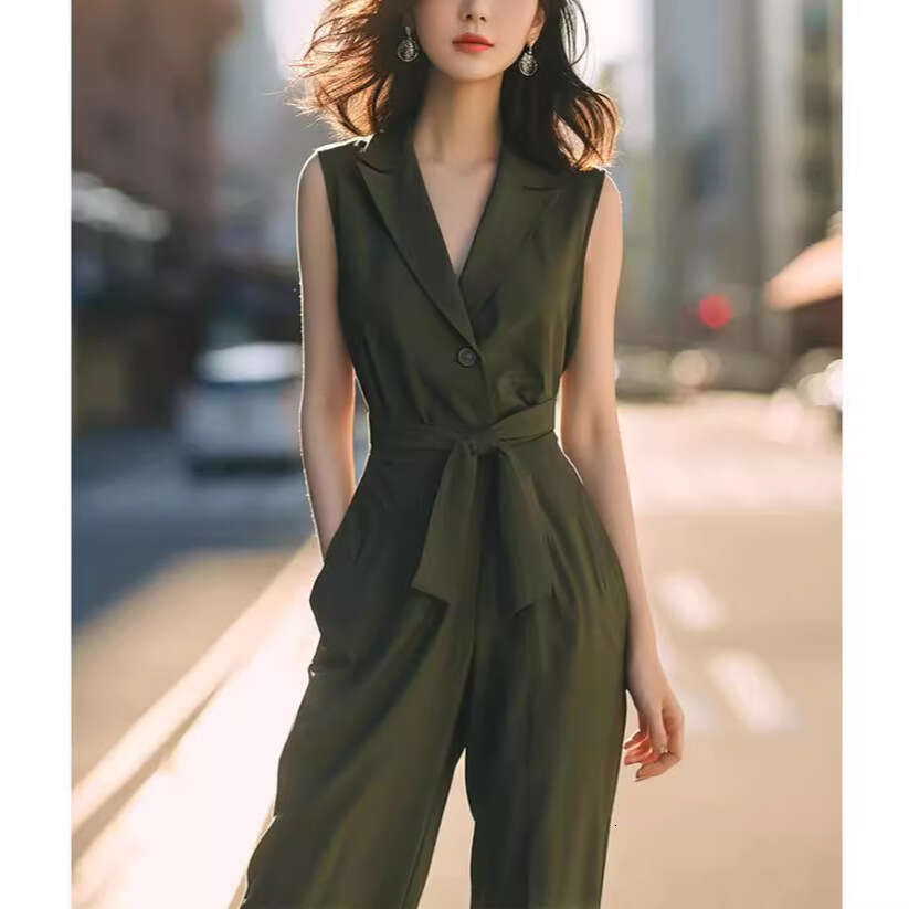 Wide Leg Jumpsuit Light Mature Style Green Suit Jumpsuit Women S Clothing Summer High End Professional Sleeveless One Piece Wide Leg Pants Set