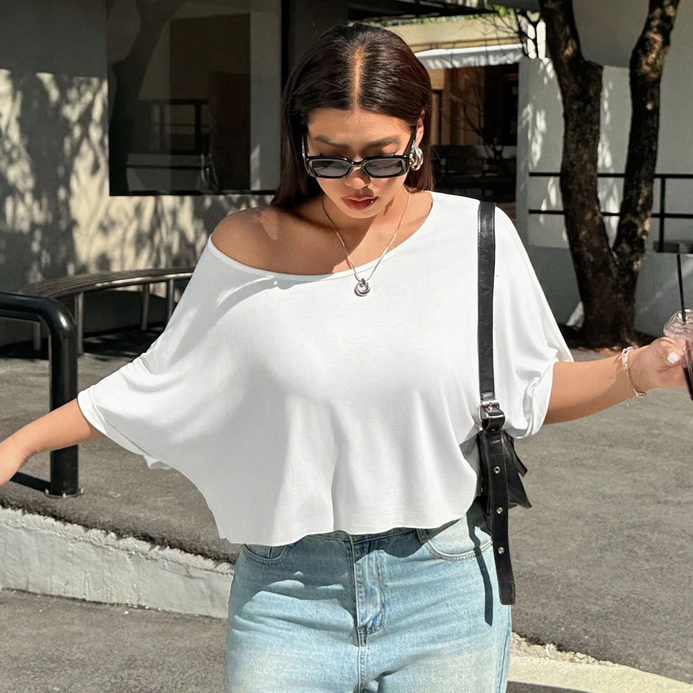 2025 Summer New Plus Size Womens Simple Casual Style T-shirt Round Neck Off Shoulder Half Sleeve Slimming Top