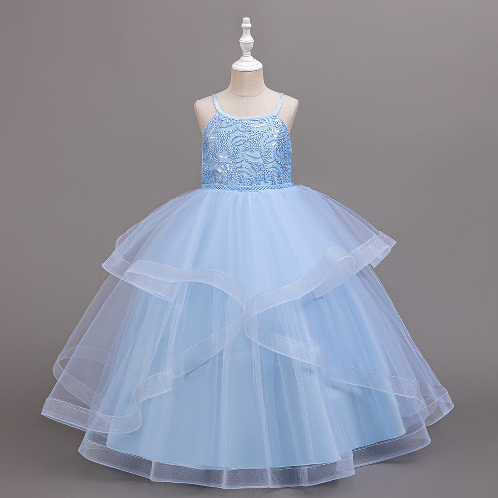 Girl Party Dress New Elegant Mesh Long Wedding Bridesmaid Dress 3-14Y Sequin Graduation Ball Evening Dresses Christmas performance host speeches D151