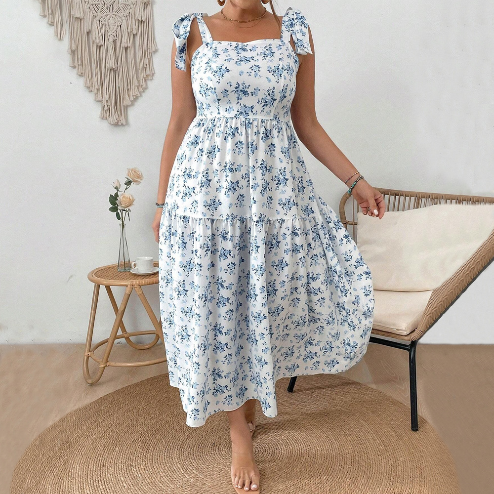 Large Size Womens Camisole Style Mid Length Skirt with Waist Cinching and Oversized Swing Printed Vacation Dress