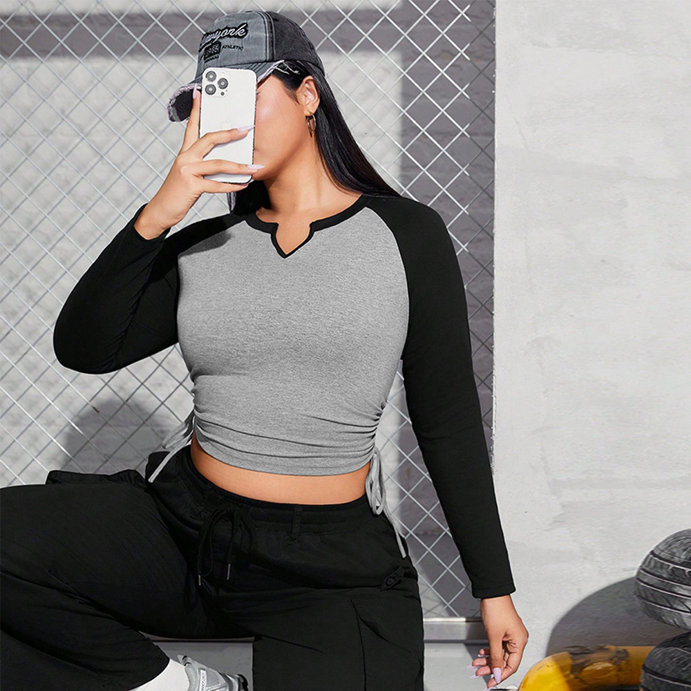 Oversized Womens Clothing Style Design V-neck Long Sleeved T-shirt Front Shoulder Base Shirt Spliced Contrasting Color Top