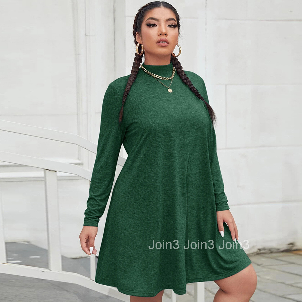 Autumn and Winter New Plus Size Womens Loose and Casual Half High Neck Long Sleeved Dress