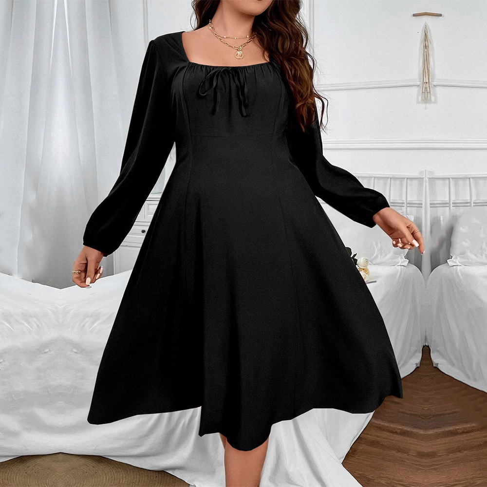 Large Size Womens New Square Collar Waist Slimming A-line Skirt Temperament Long Sleeved Dress