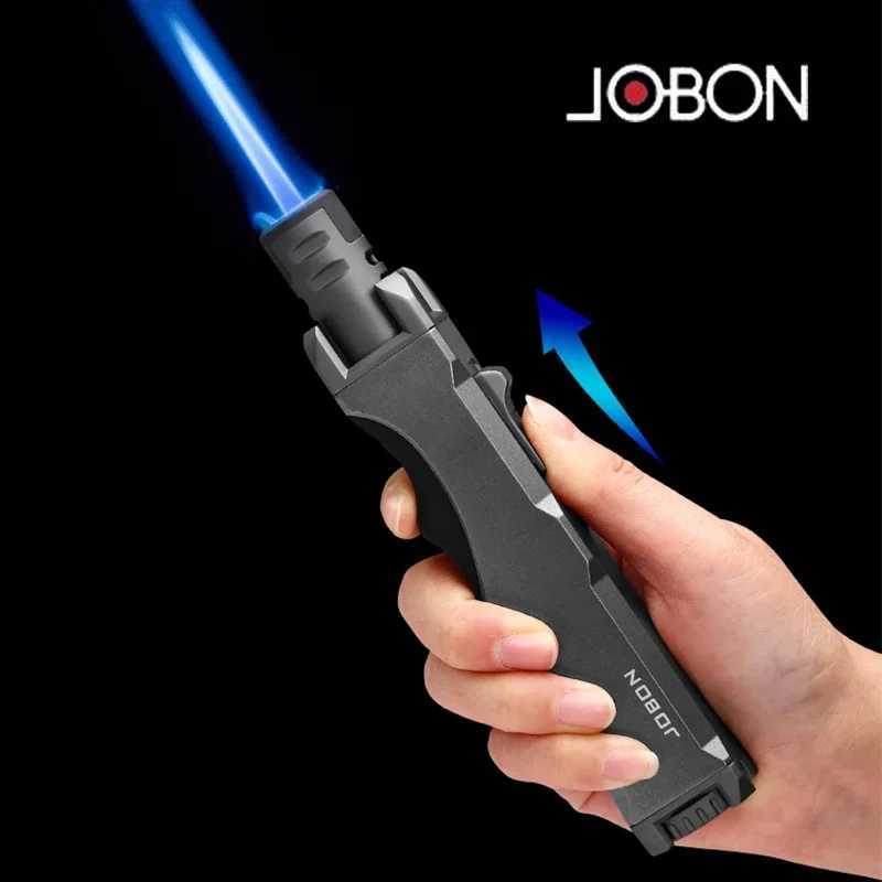 New JOBON Metal Outdoor Windproof Turbine Torch Strong Fire Power Blue Flame Straight Butane Gas Lighter Gas Kitchen BBQ WeldingT250516
