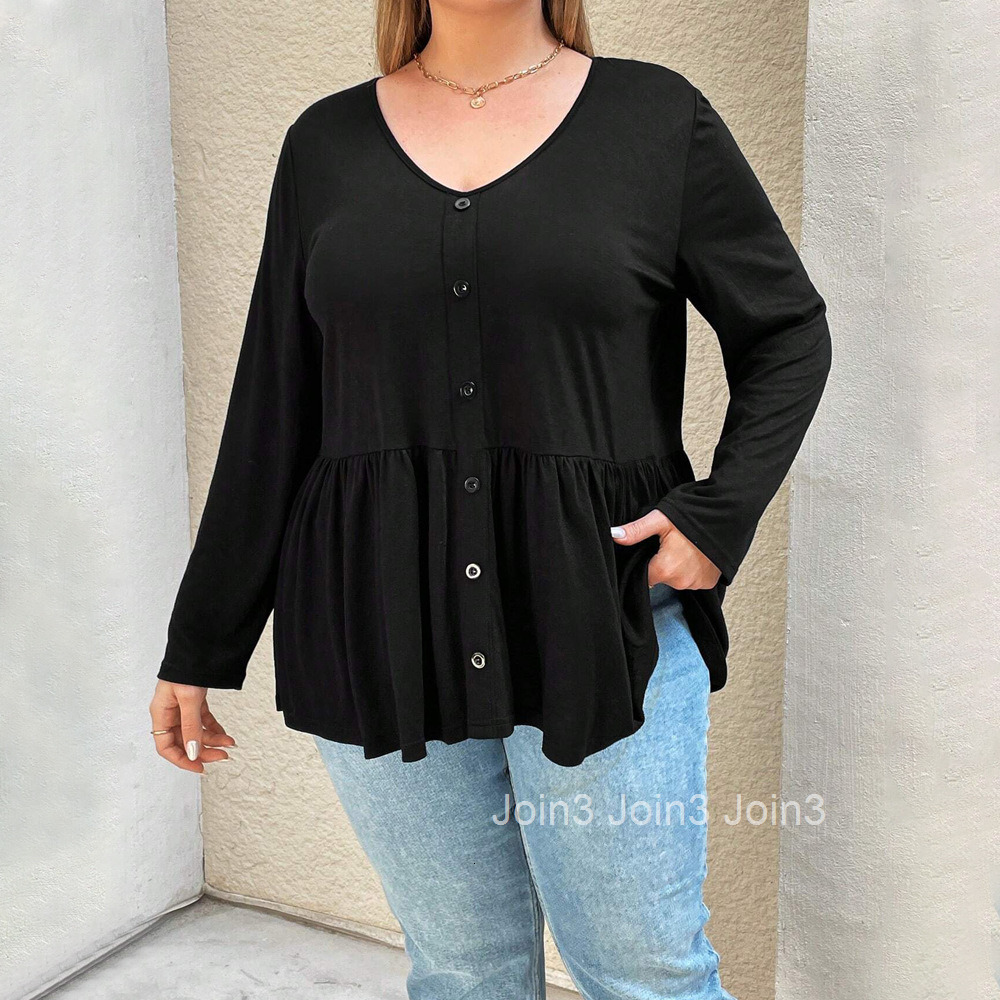 Plus Size Womens Simple Casual Style T-shirt Autumn and Winter V-neck Slim Fit Solid Color Long Sleeved Base Top for Women