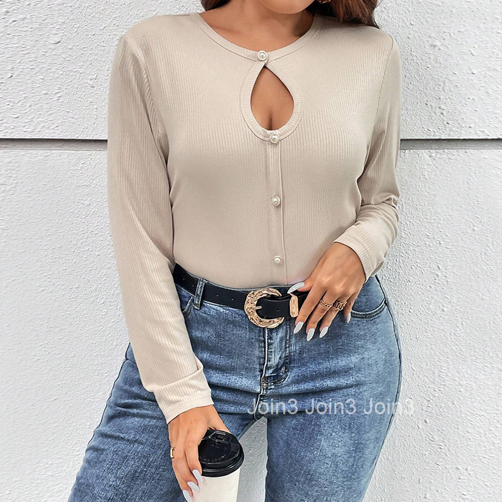 Large Size Womens Autumn and Winter New Sexy Hollow Slim Button Temperament Long Sleeved T-shirt Top