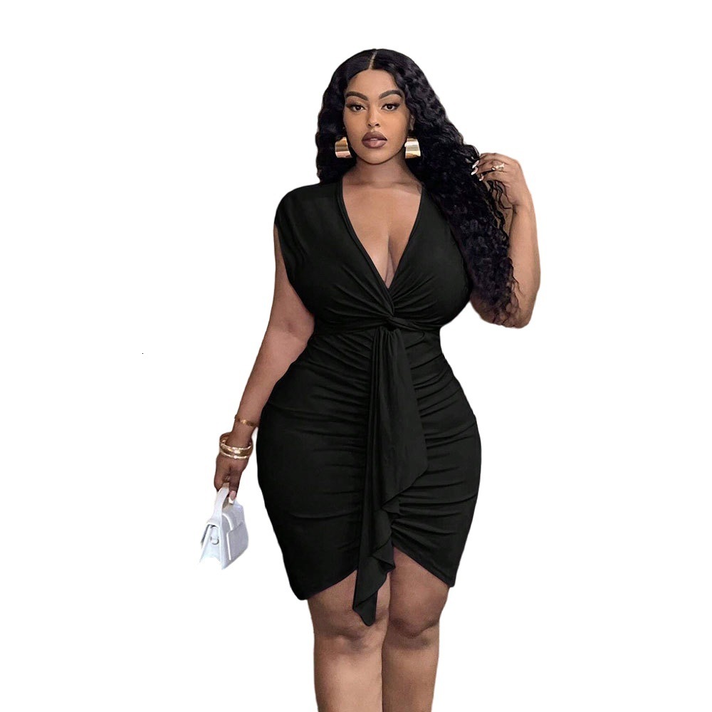 2025 Plus Size Womens Sexy and Pure Desire Dress Summer V-neck Waist Cinched Pleated Hip Hugging Short Skirt