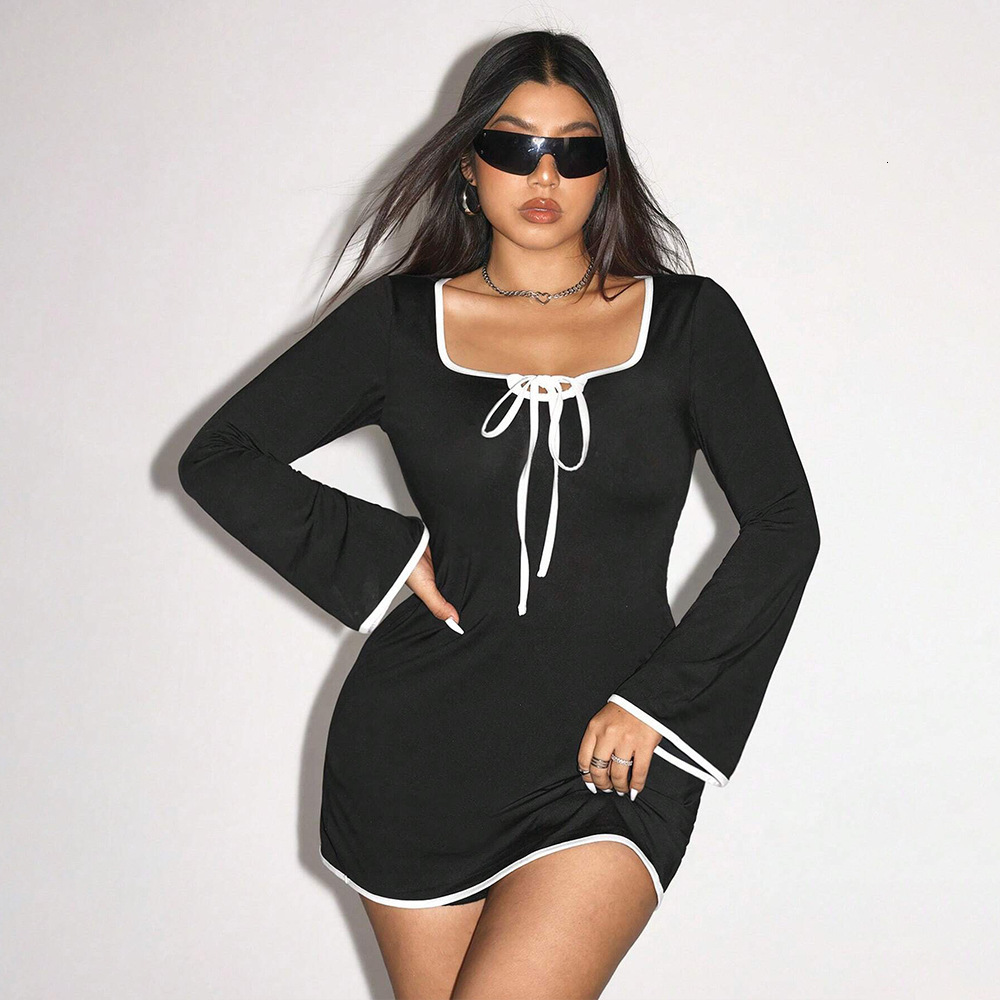 Plus Size Womens Pure Desire Sweet and Spicy Style Dress Autumn and Winter New Item Square Neck Flared Sleeve Contrasting Short Skirt