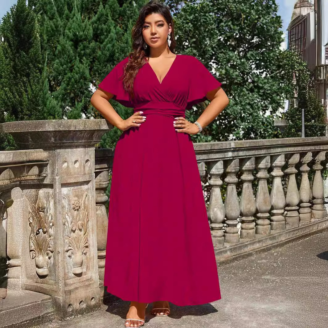 Plus Size Womens V-neck Dress Summer New Style Slim Fit Leisure Vacation Beach Mid Length Skirt