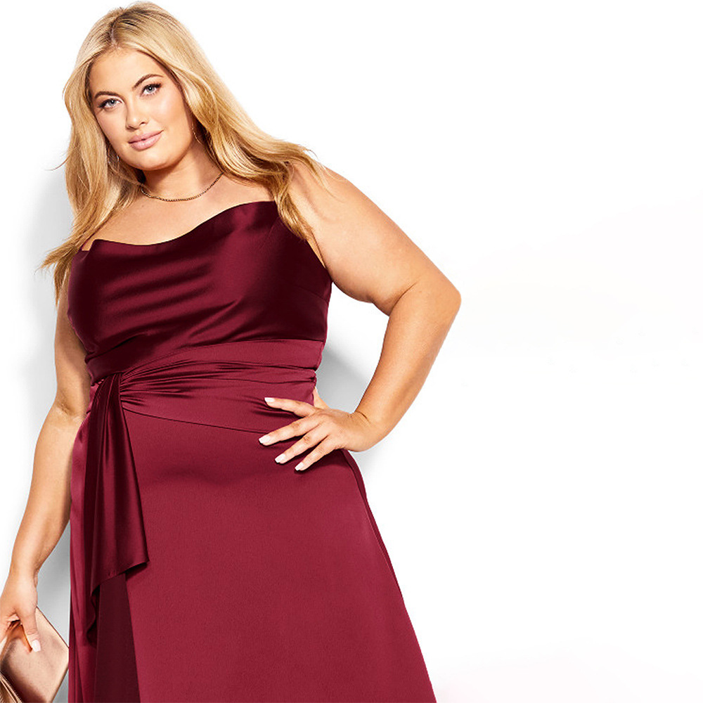 Plus Size Womens Color Satin Suspender Red Dress Banquet Dress